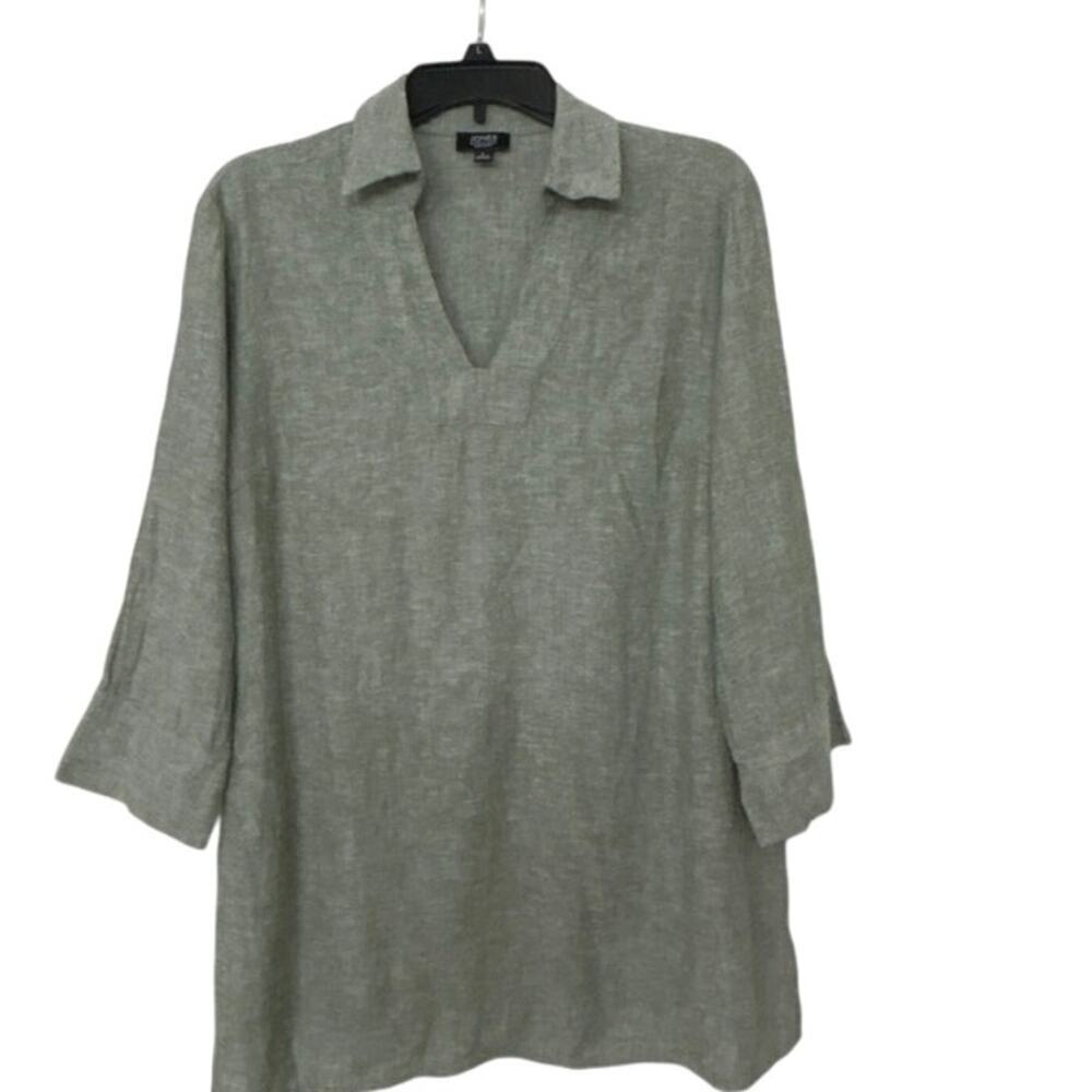 Jones New York Linen Viscose Blend Gray Green 3/4 Sleeve Pop Over Tunic Blouse L